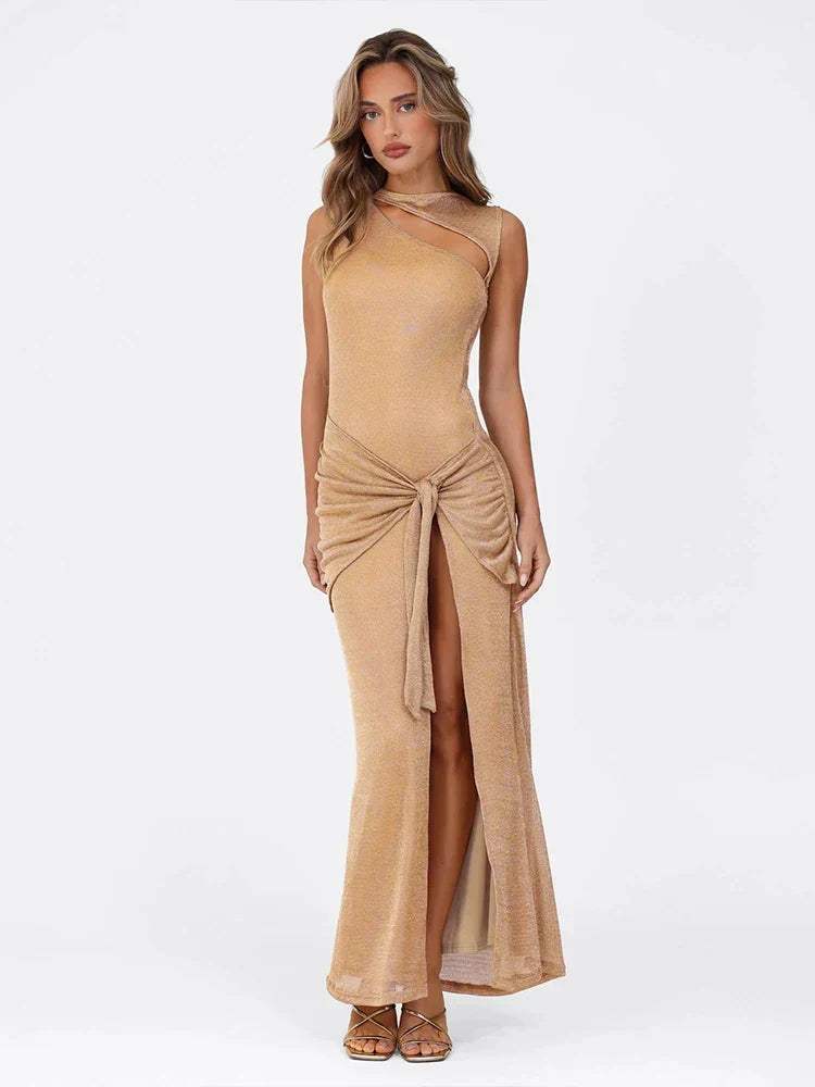 Sequin One Shoulder Cut Out Front Knot Ruched High Split Maxi Gown