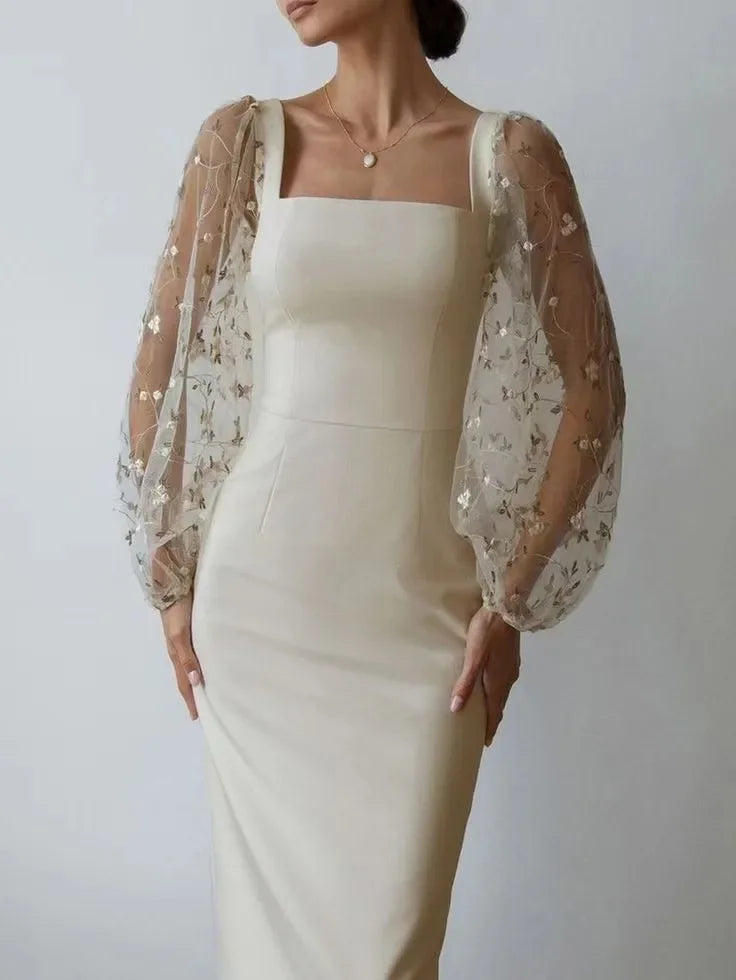 Square Neck Floral Puff Sleeve Bodycon Midi Dress in White - View 6