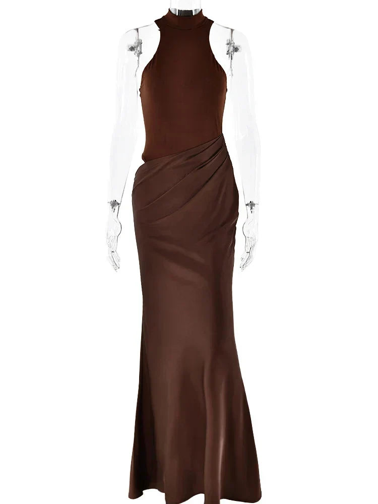 Halter Neck Sleeveless Ribbed Bodice Draped Waist Satin Maxi Gown - View 20