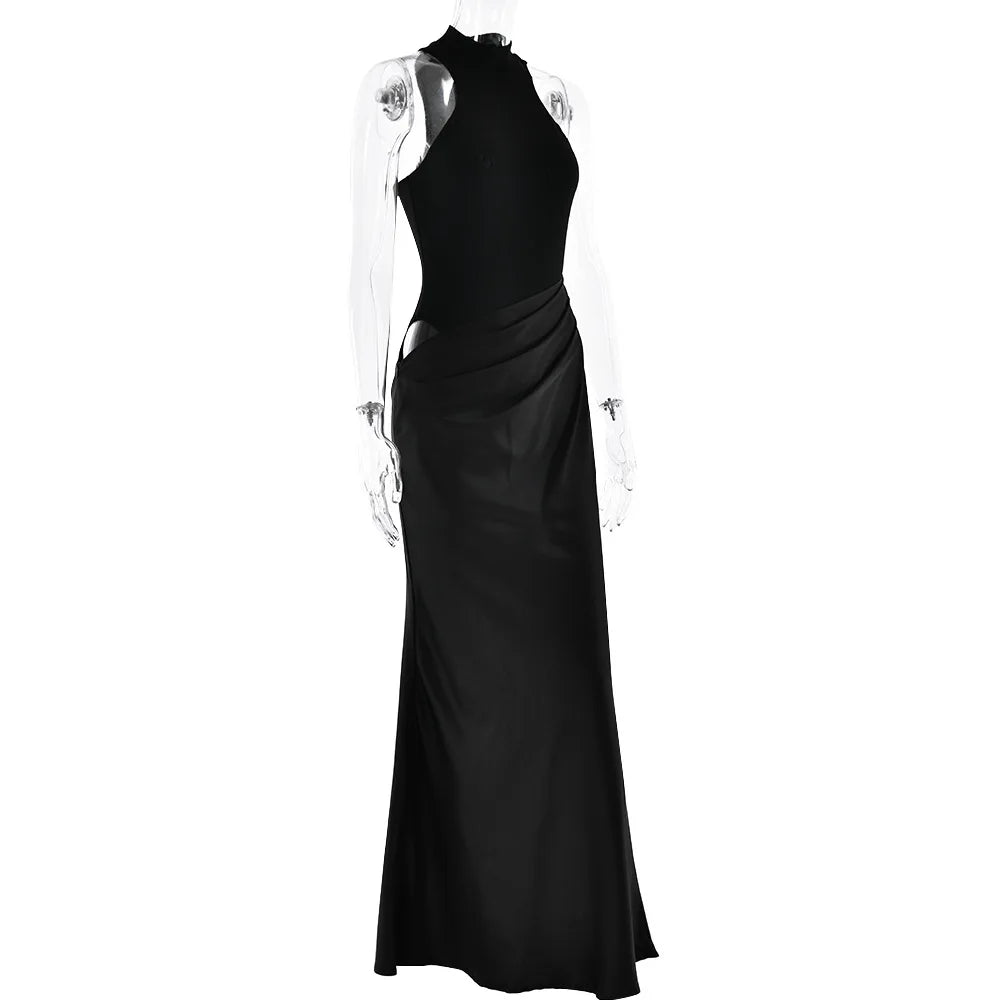 Halter Neck Sleeveless Ribbed Bodice Draped Waist Satin Maxi Gown - View 24