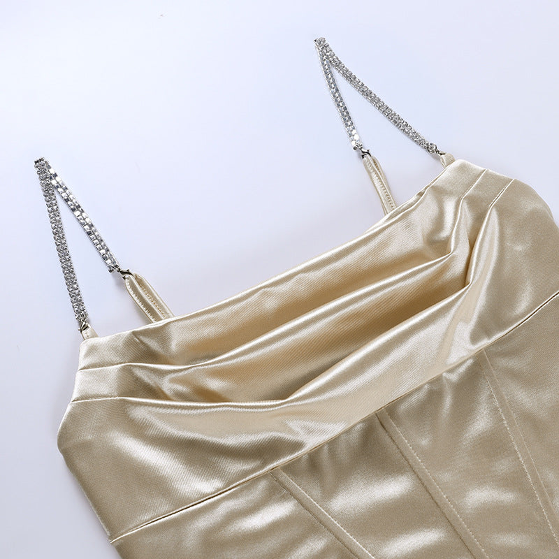 Satin Rhinestone Strap Corset Ruched Bodycon Dress 9