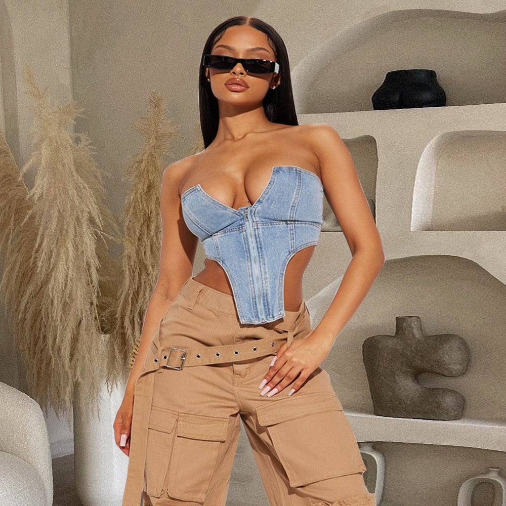 Summer New Irregular Strapless Zipper Denim Crop Top Corset Women Blue Jeans Tube Tops Party Clubwear Streetwear Clothes - Fashionpara