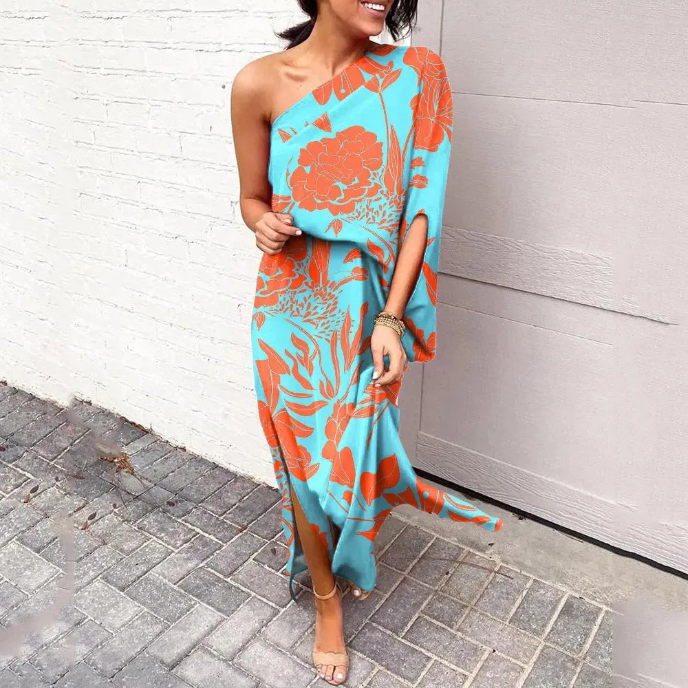 One Shoulder Long Sleeve High Split Asymmetric Maxi Dress - View 5