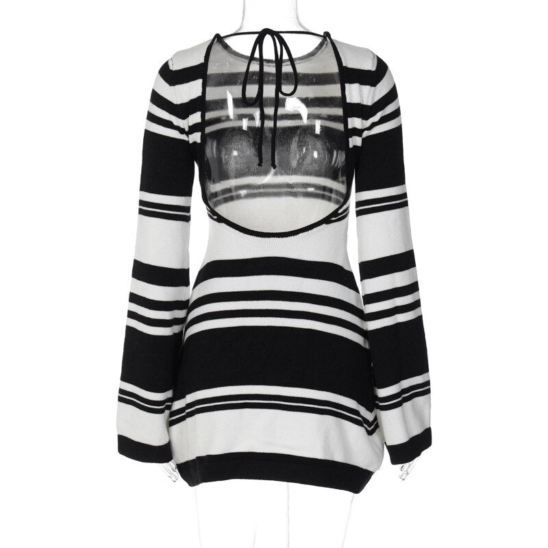 Striped Knit Open-Back Long-Sleeve Flared Mini Dress 7