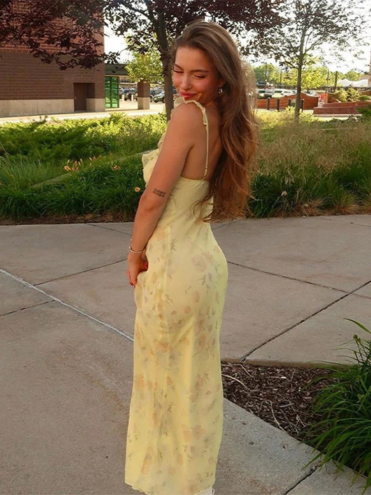 Ruffled Sling Backless Floral Dress