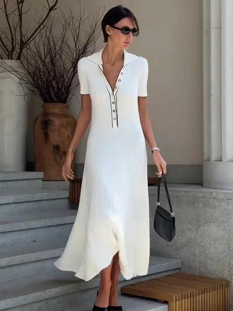Ribbed Knit Collared Short Sleeve Midi Dress