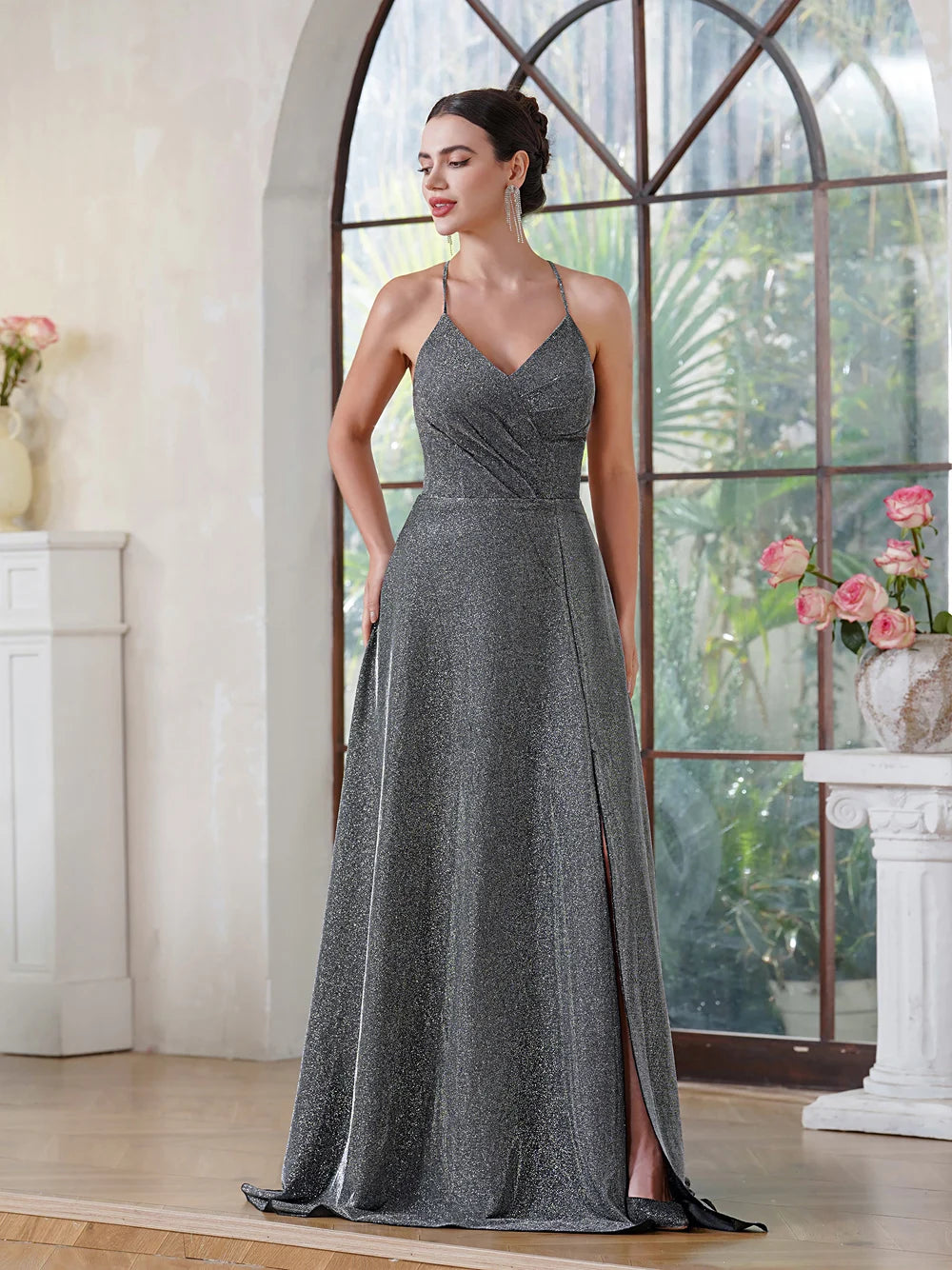 Elegant A-Line High Slit Evening Dress with Spaghetti Straps - Fashionpara