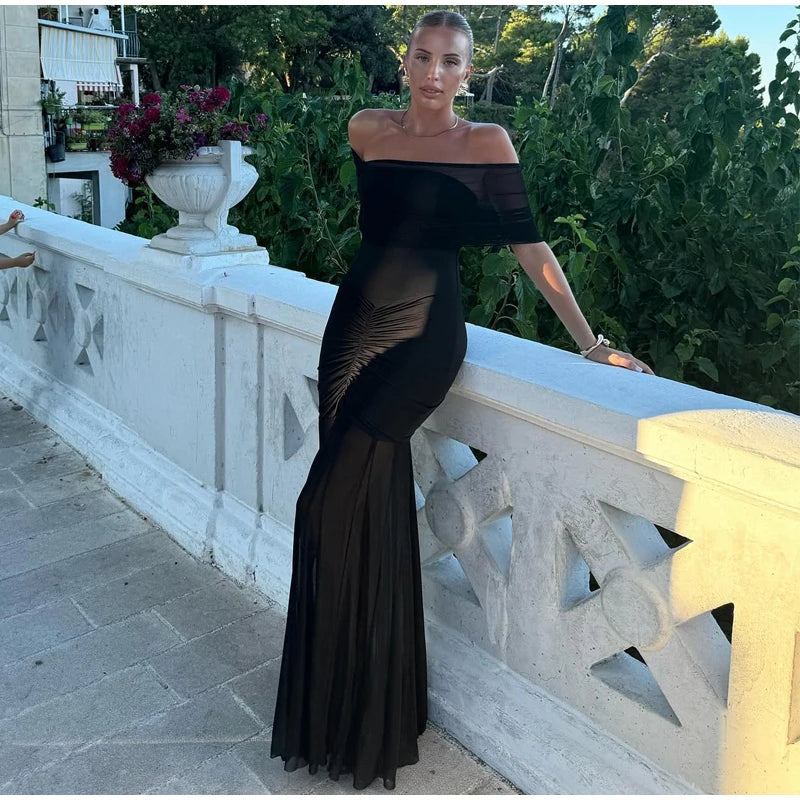 Patchwork Mesh Off Shoulder Midi Dress - View 7