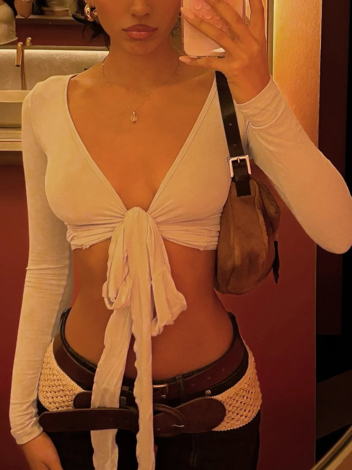 Solid Slim Lace Up Sheer Top