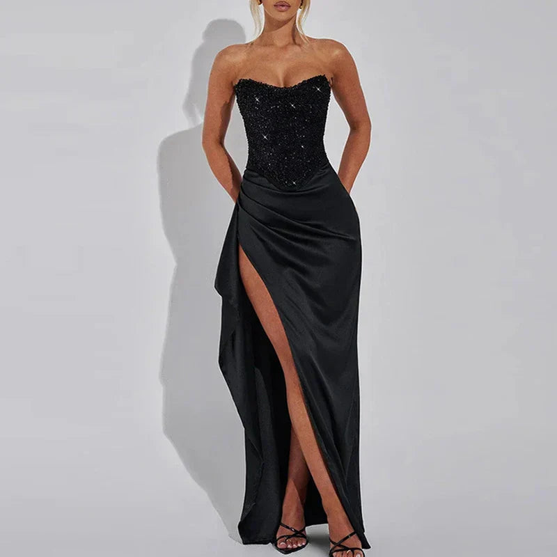 Sequin Strapless High Split Satin Maxi Dress - View 6