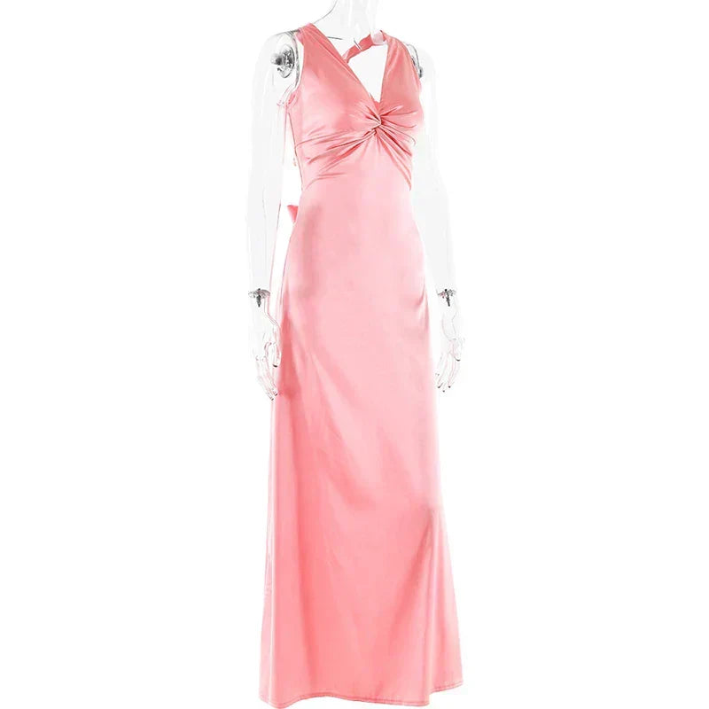 V Neck Sleeveless Satin Bow Backless Maxi Dress - View 8