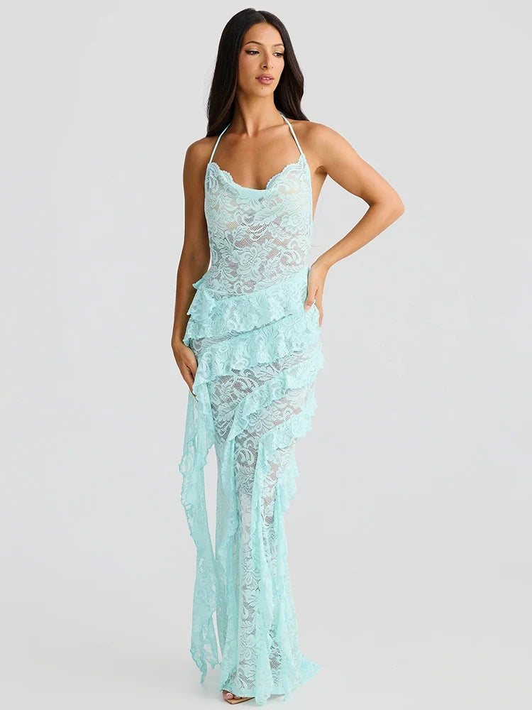 Lace Halter Ruffle Beach Bodycon Dress