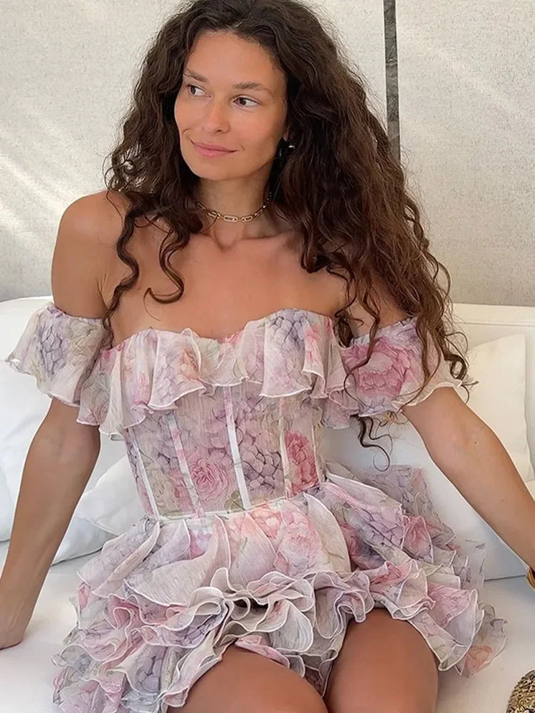 Pink Chiffon Off Shoulder Layered Floral Dress - View 9