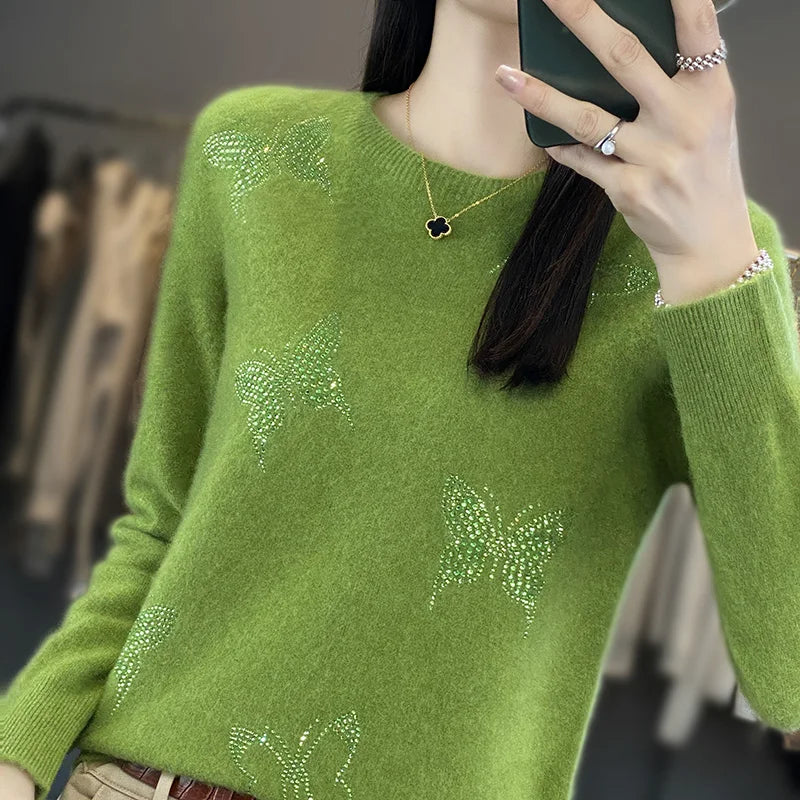 Crew Neck Butterfly Embellished Knit Sweater 3