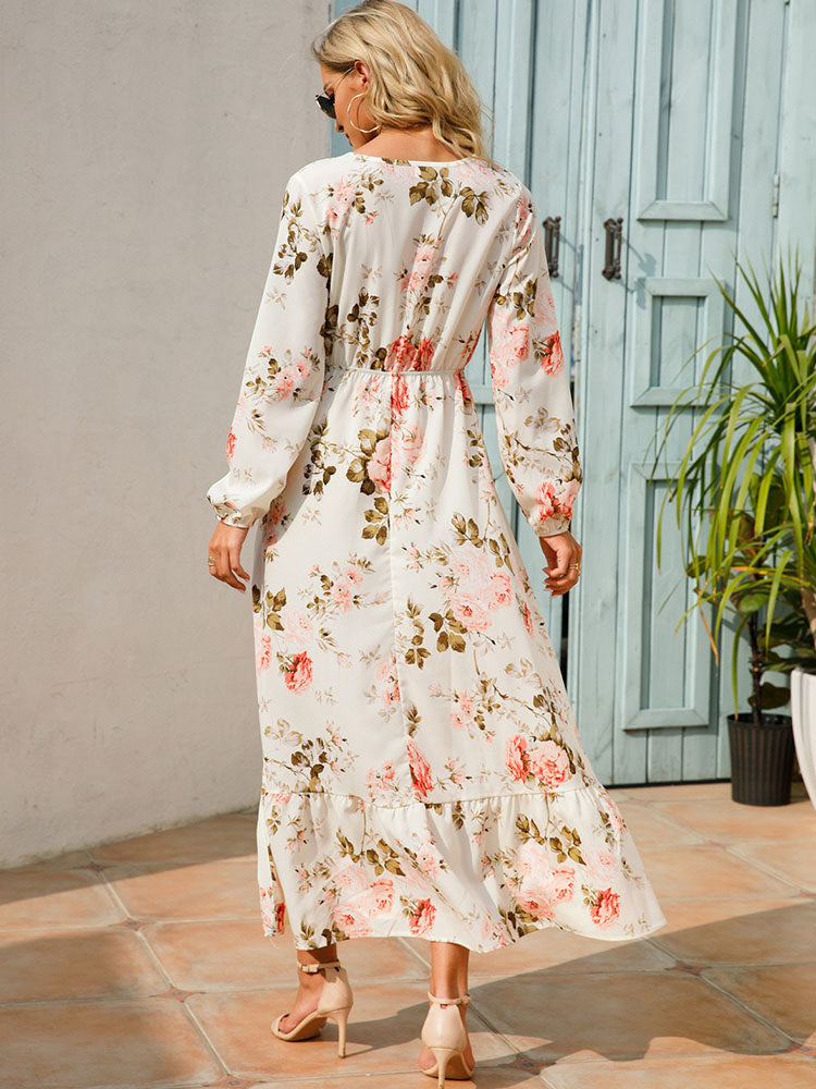 Floral Long Sleeve Round Neck Tiered Midi Dress 3