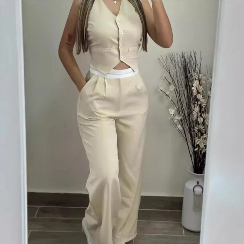 V-Neck Pocket Straight Pant Suit