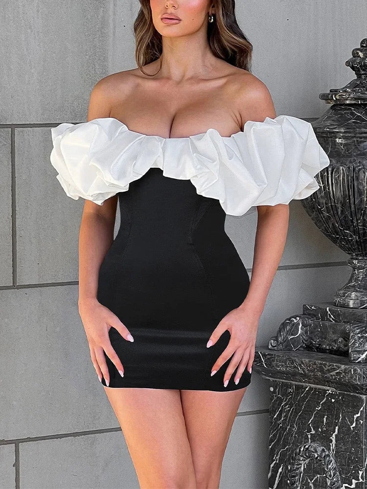 Off Shoulder Ruffle Puff Band Strapless Bodycon Mini Dress - View 3