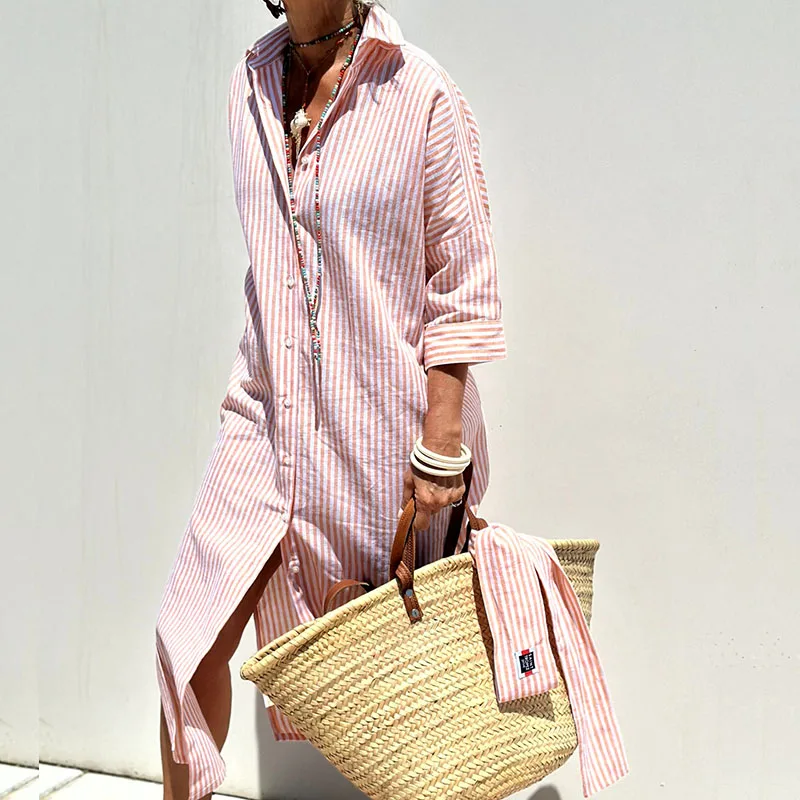 Collared Button Front Long Sleeve Striped Shirt Dress