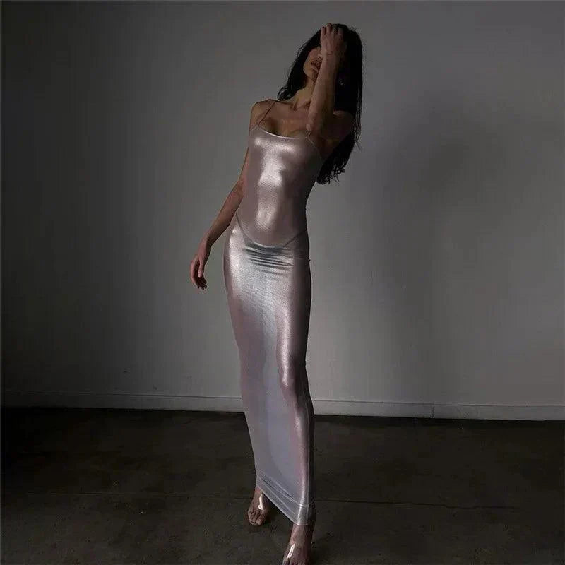 Mesh Metallic Sheer Spaghetti Strap Square Neck Bodycon Maxi Dress - View 3