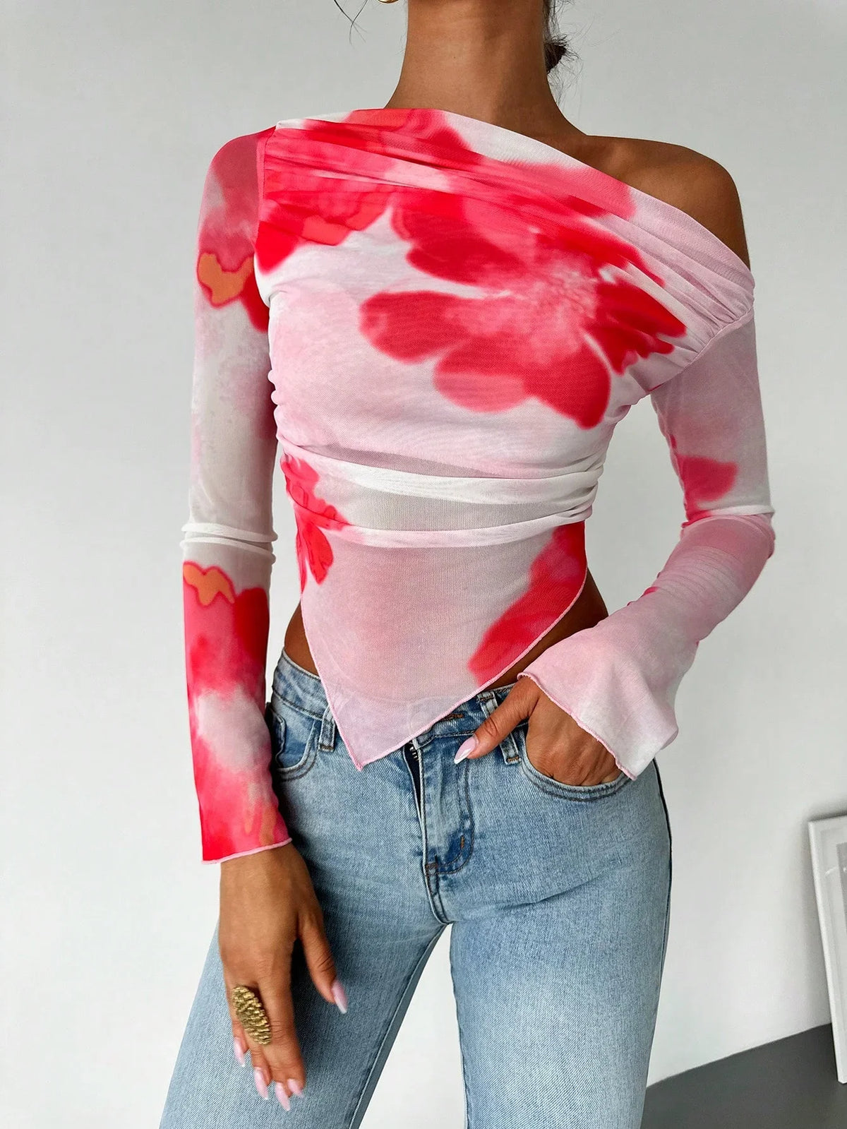 Oblique Tie-Dye Long Sleeve Sheer Top