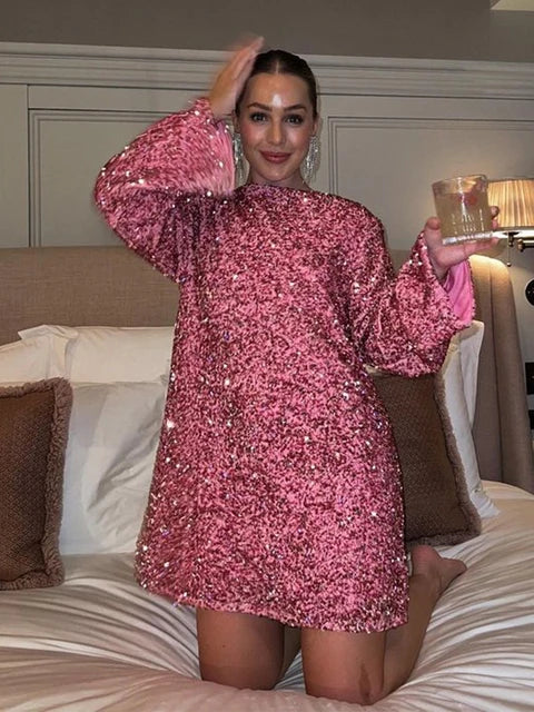 Sequin Crew Neck Long Sleeve Shift Mini Party Dress