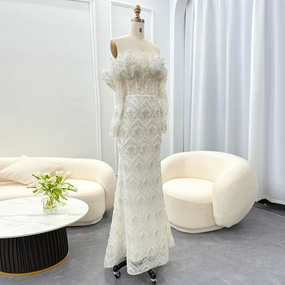 Beaded Off Shoulder Long Sleeve Mermaid Maxi Gown - View 12