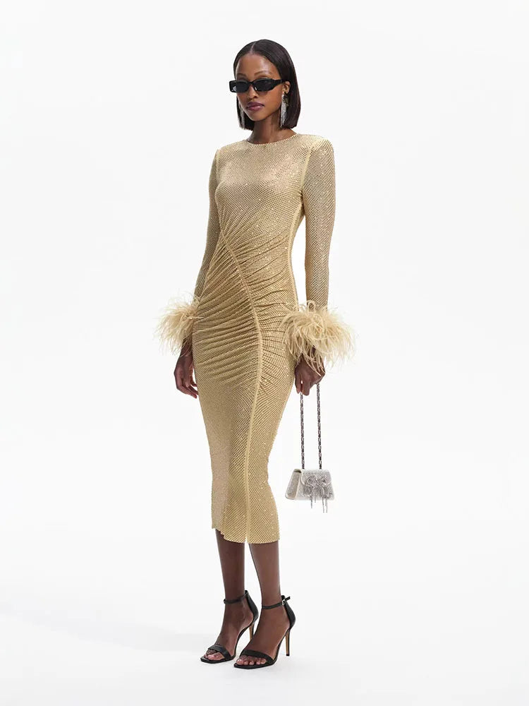 Feathers Rhinestone Folds Midi Dress - View 3