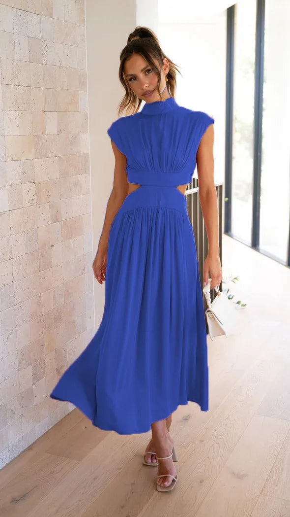 Sleeveless Mock Neck Side Cut Out Pleated Maxi Dress