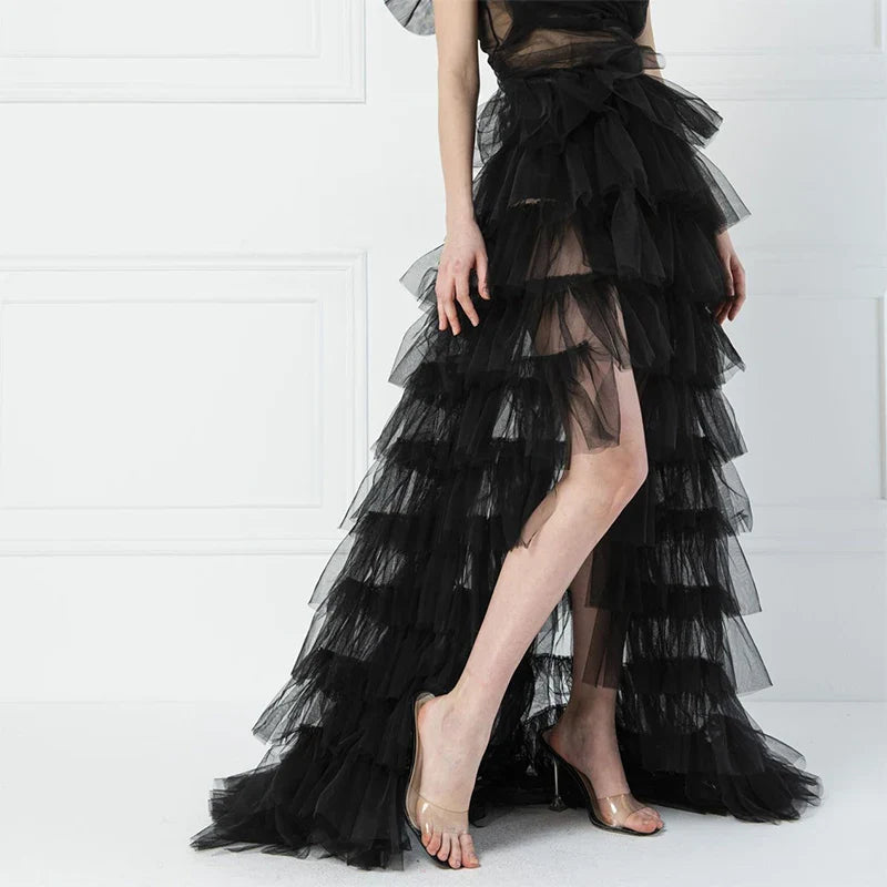 Frills Mesh Full-Length Skirt