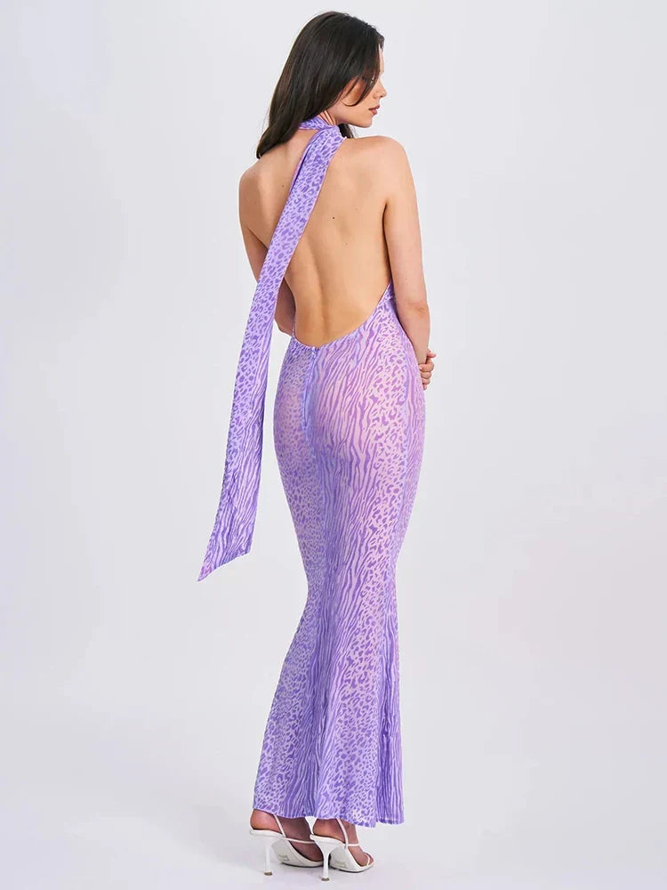 One Shoulder Neck Scarf Tie Animal Print Bodycon Mermaid Maxi Dress - View 6