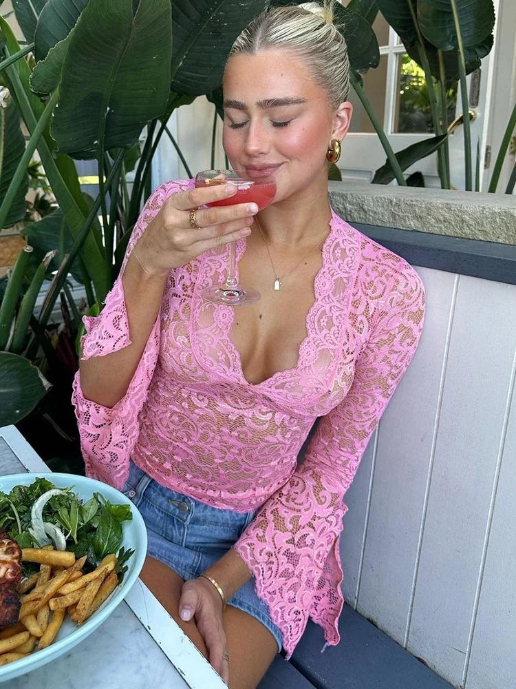 Lace Hook Flower Hollow Mesh Sheer Top