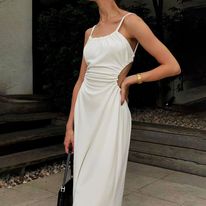Cut-Out Ruched Backless Satin Slip Midi Dress