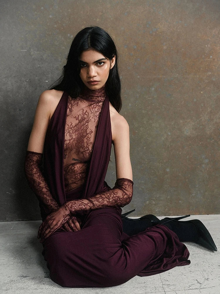 Lace-Panel Turtleneck Sleeveless Backless Maxi Gown 3