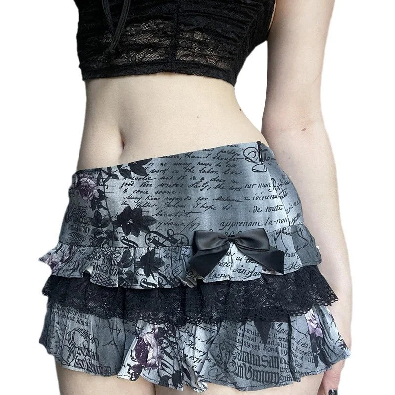 Letter Floral Print Ruffle Skirt