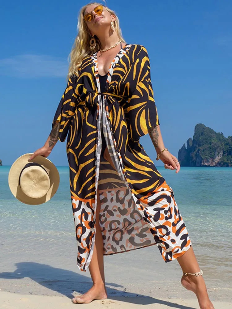 Printed Lace Up Bikini Cover Up