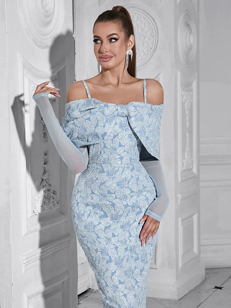 Off Shoulder Long Sleeve Jacquard High Split Midi Dress - View 6
