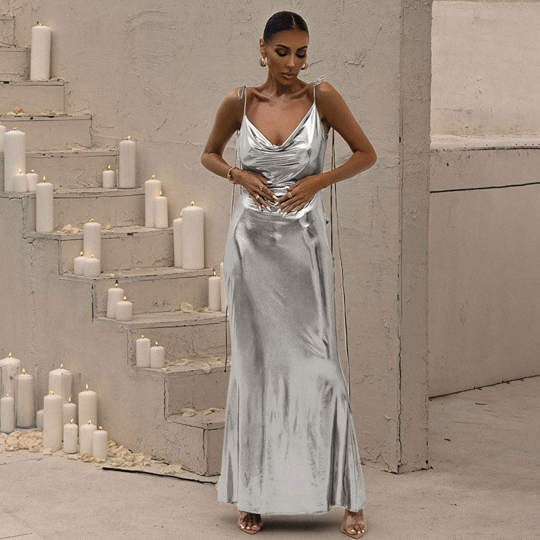 Glossy Soul Metallic Backless Maxi Dress