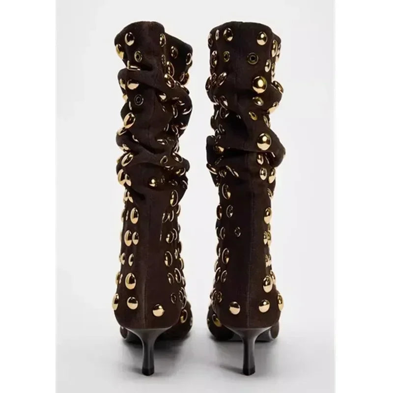 Attractive Rivet Pleated Tall Heel Pointed Gothic Boot