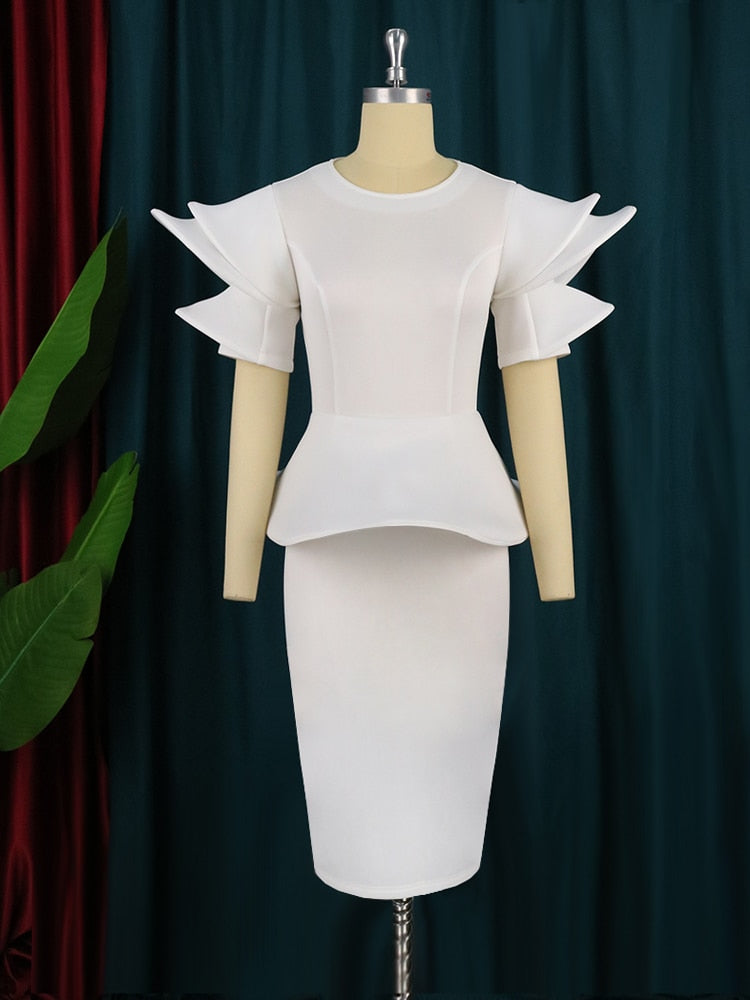 Puff Sleeve Peplum Round Neck Bodycon Midi Dress 3