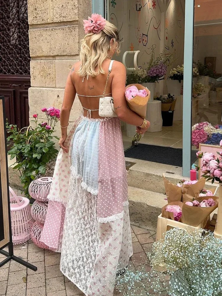 Printed Lace Halter Backless Spaghetti Strap Summer Dress - View 5