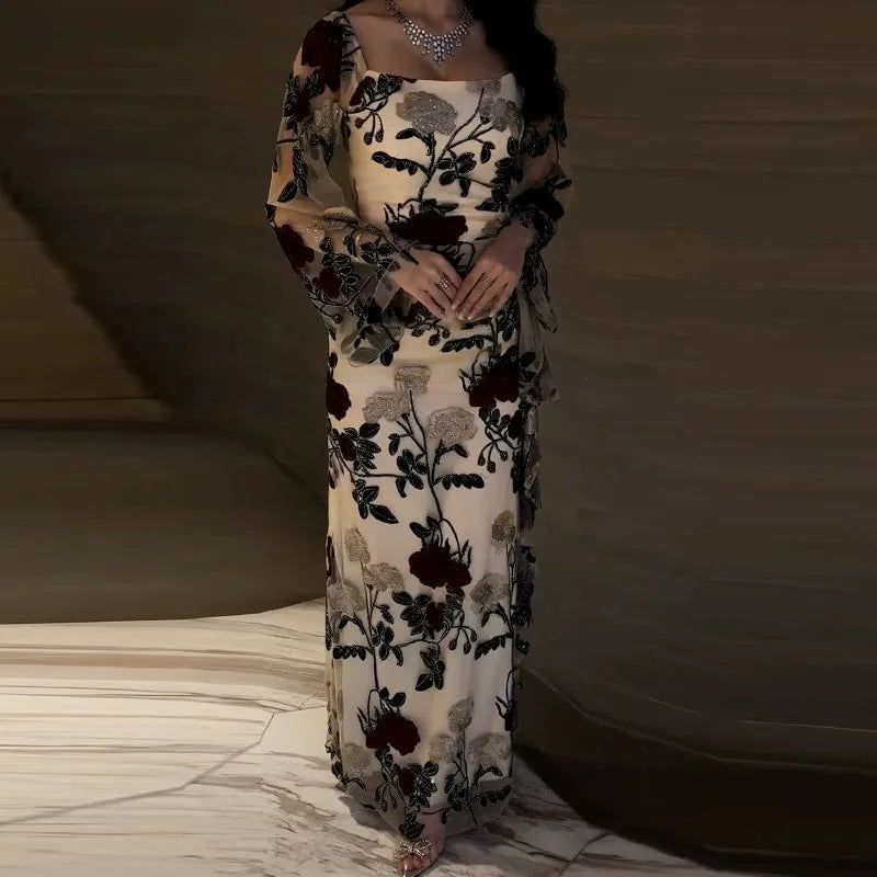 Elegant Black Rose Floral Long Sleeve Evening Dress for Women - Fashionpara