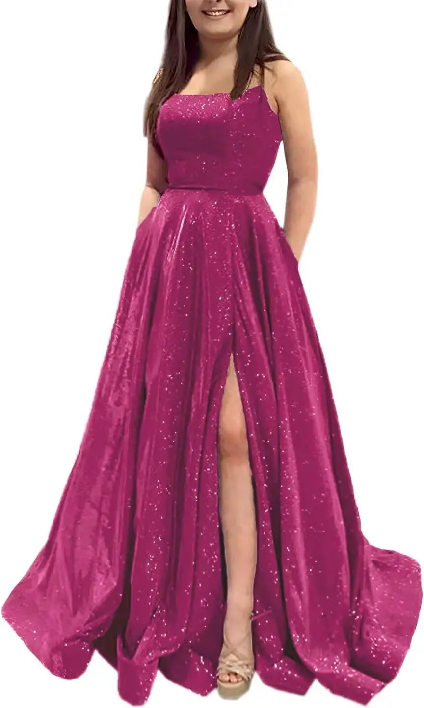 Elegant A-Line Formal Evening Gown with Pockets and Glitter - Fashionpara
