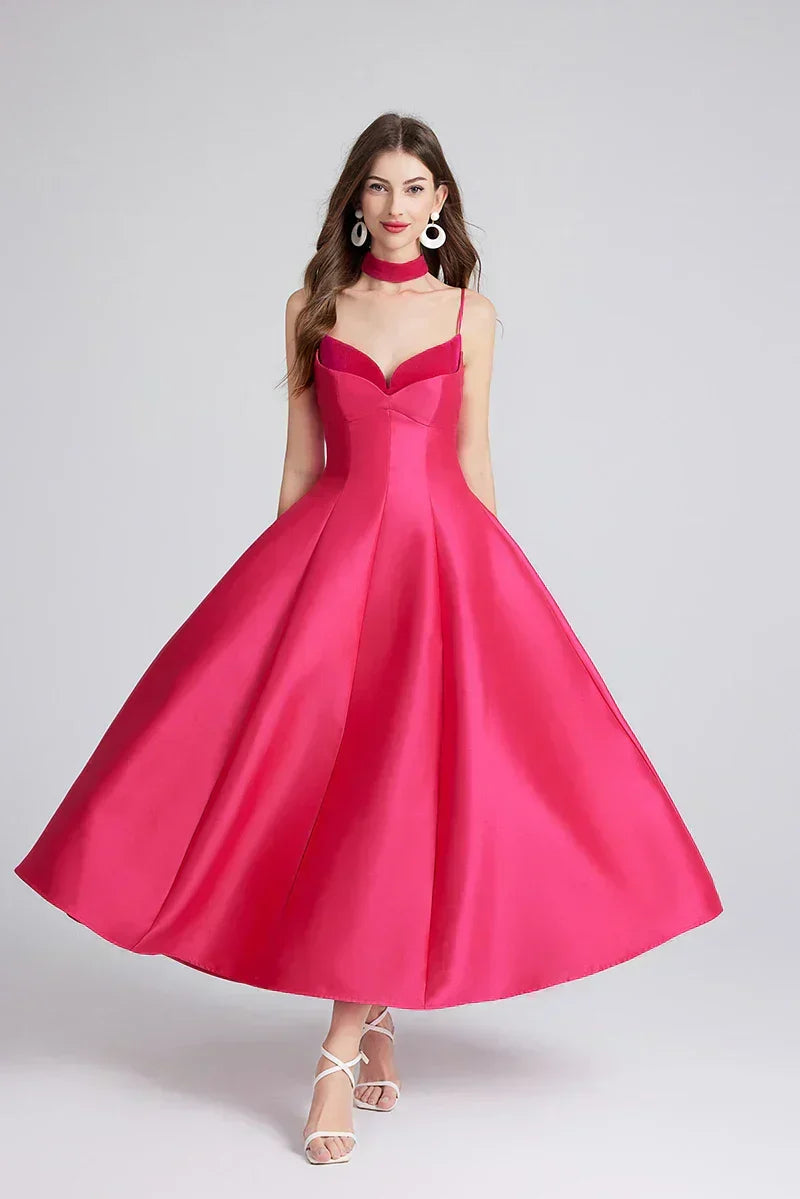 Satin Sweetheart Spaghetti Strap Fit and Flare Midi Dress - View 2