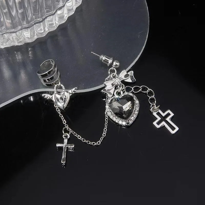 Rebel Antique Metal Cross Dark Heart Earring