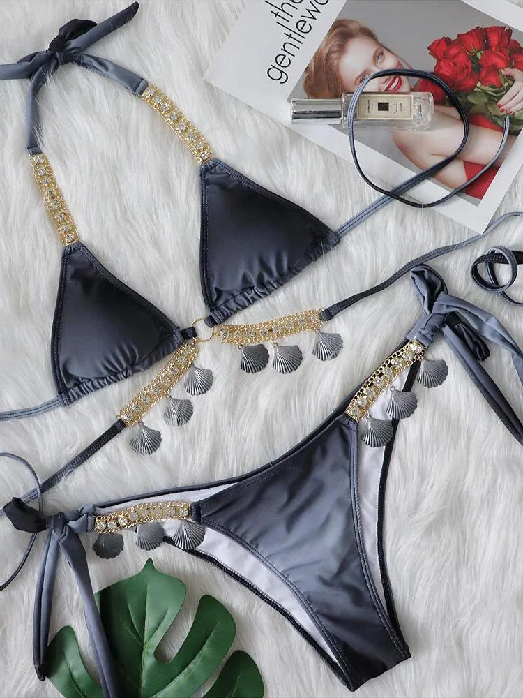 Metal Chains Wrap Around Bikini Set
