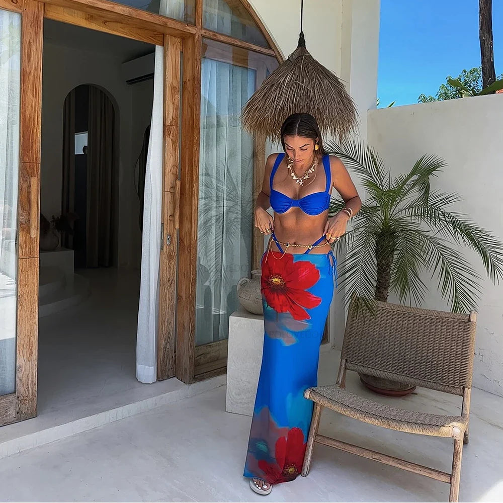 Print Long Dress Three Piece Swimsuit