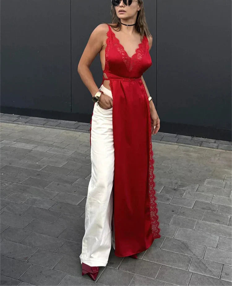 Lace Satin Patchwork High Split Maxi Dress - View 3