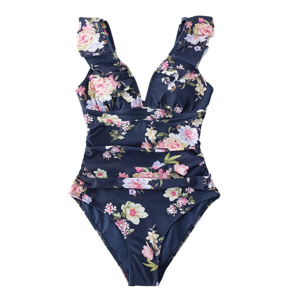 Ruffled V-neck Lace Up Monokini One Piece Set