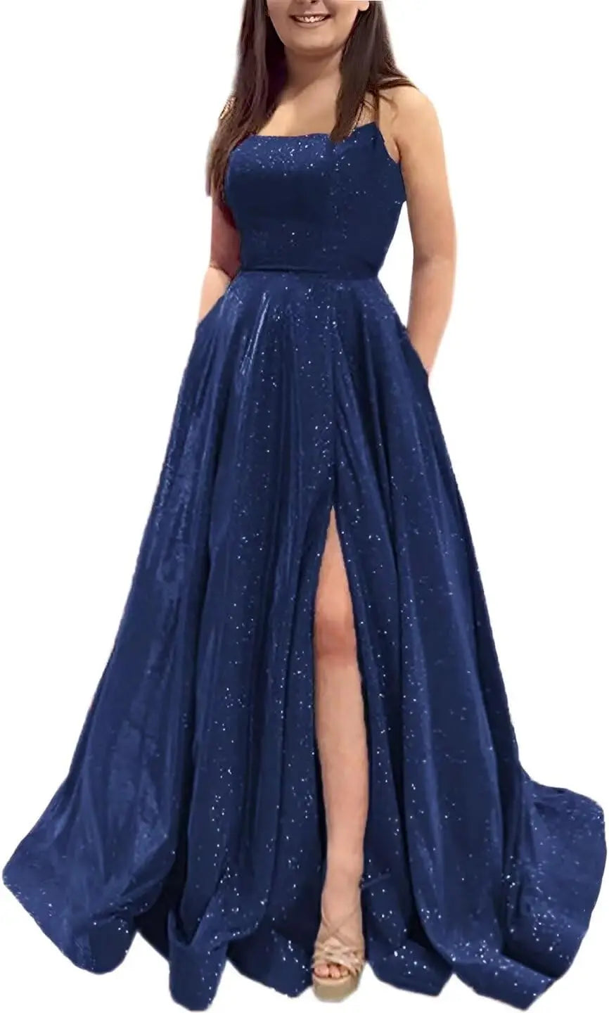 Elegant A-Line Formal Evening Gown with Pockets and Glitter - Fashionpara