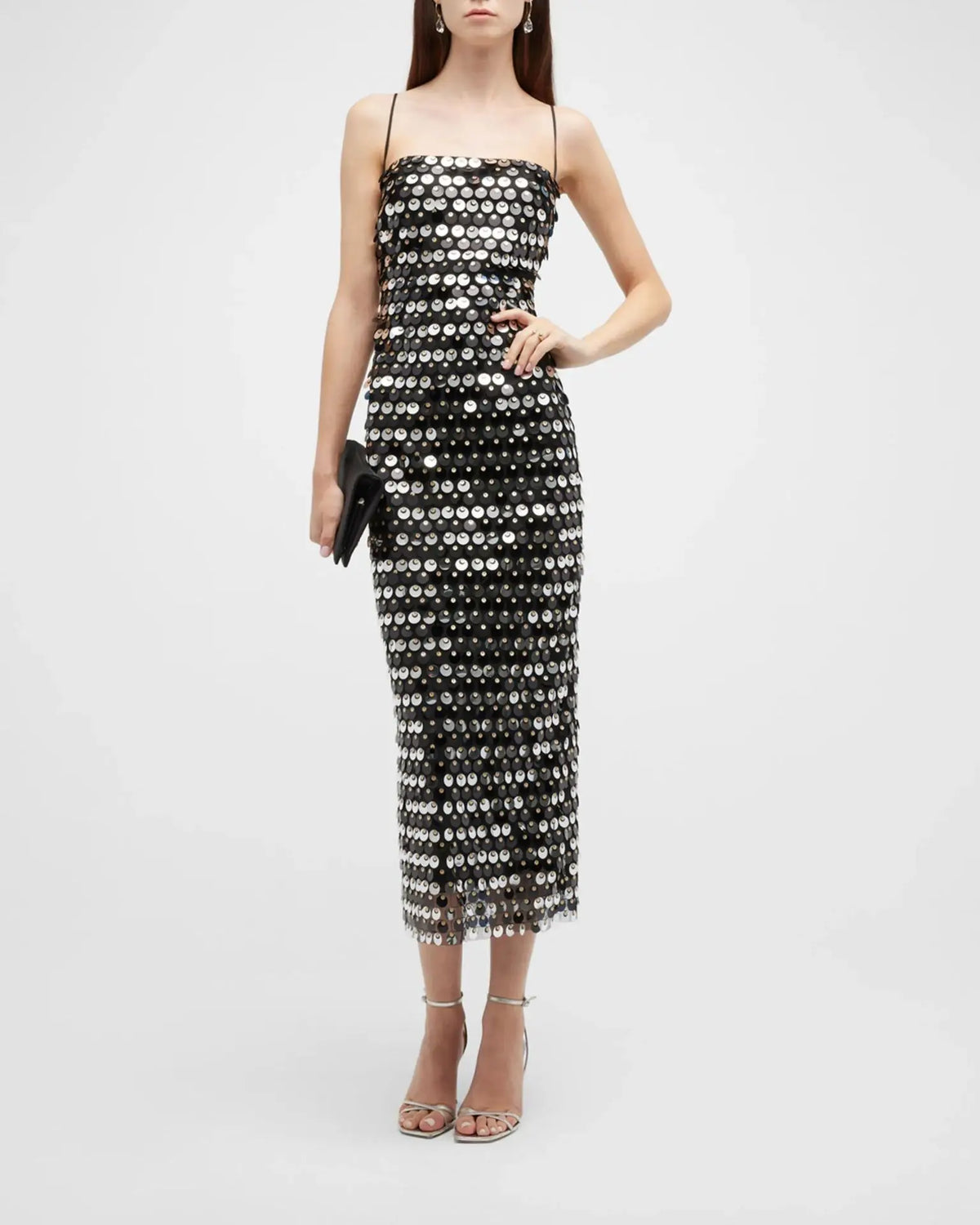 Paillette Sequin Square Neck Spaghetti Strap Bodycon Midi Dress - View 3